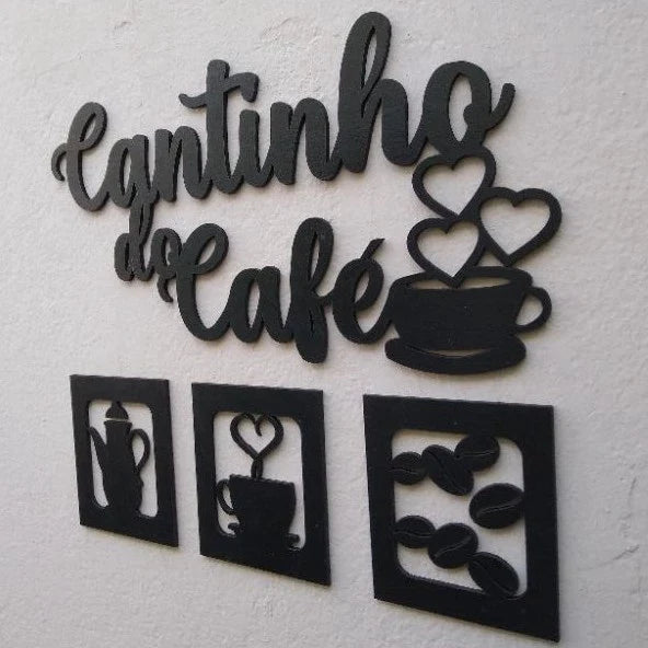 Kit Cantinho Do Café 4 Peças 30cm Mdf Preto Decoração