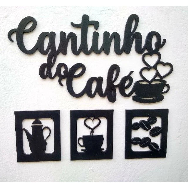 Kit Cantinho Do Café 4 Peças 30cm Mdf Preto Decoração