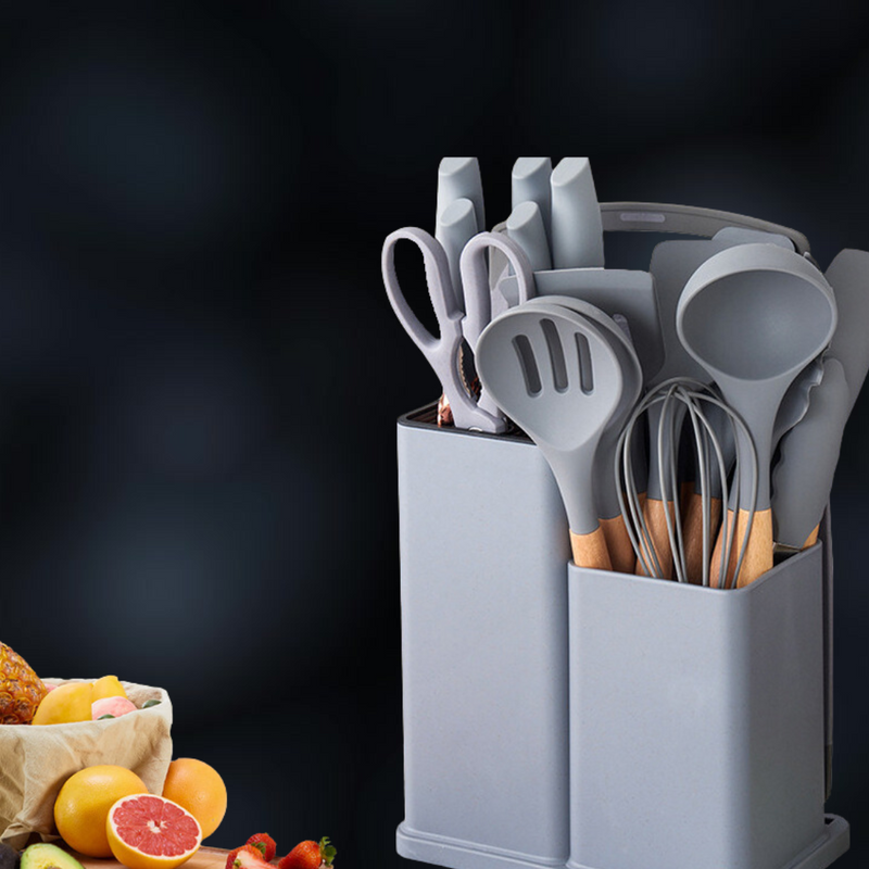 Kit Completo Jogo de Cozinha Luxo 19 Peças Com Tábua em Silicone Espátula Faca Tesoura Utensílios