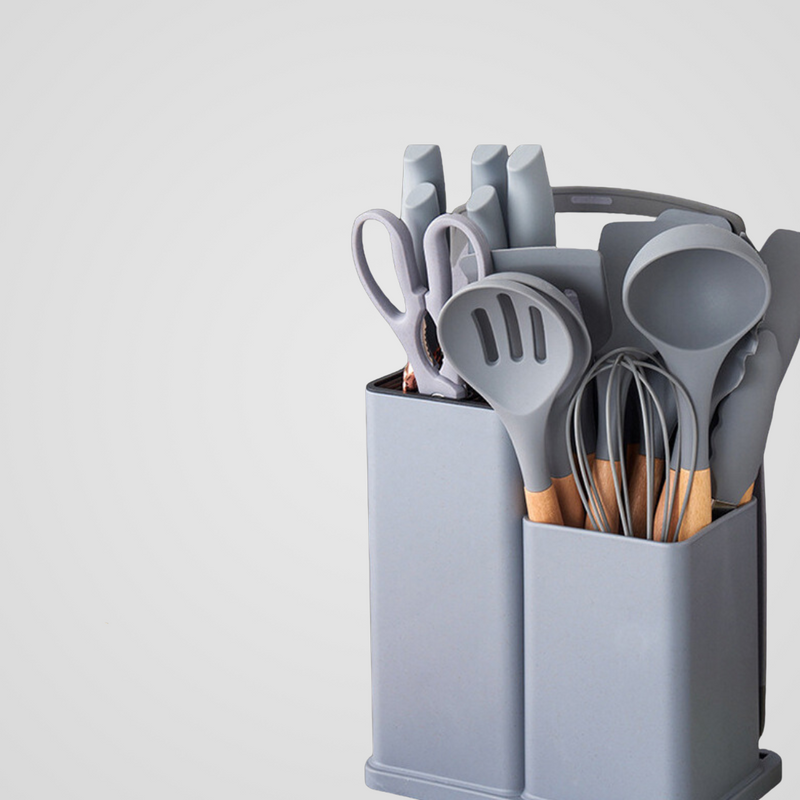 Kit Completo Jogo de Cozinha Luxo 19 Peças Com Tábua em Silicone Espátula Faca Tesoura Utensílios