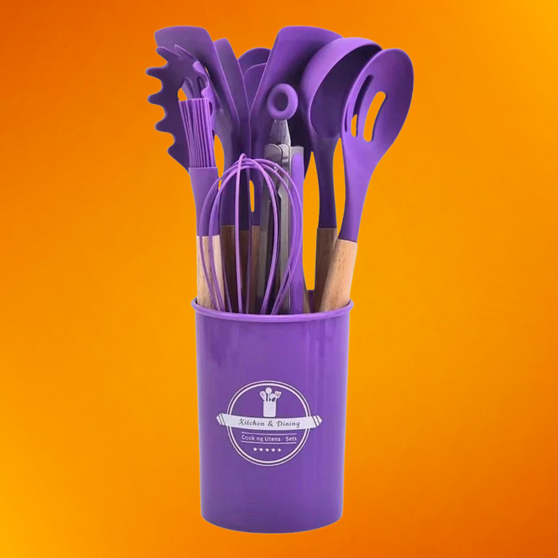 Jogo de Cozinha Kit C/12 Peças de Silicone, Utensílios e Copo Suporte para Cozinha Cabo de Madeira