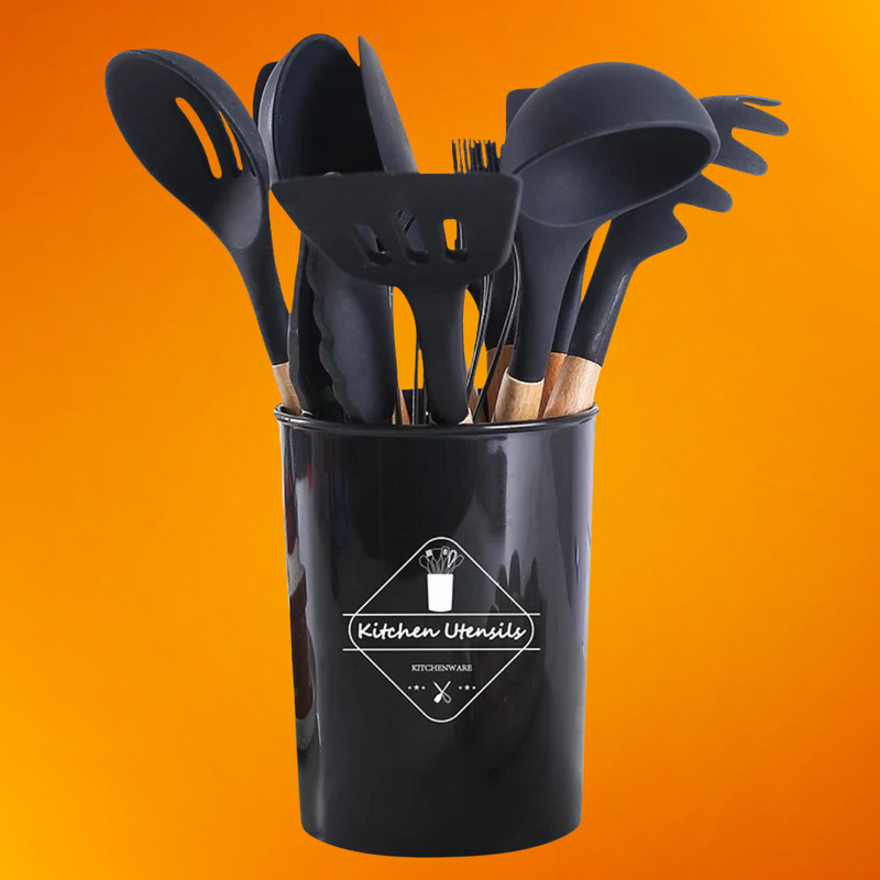 Jogo de Cozinha Kit C/12 Peças de Silicone, Utensílios e Copo Suporte para Cozinha Cabo de Madeira
