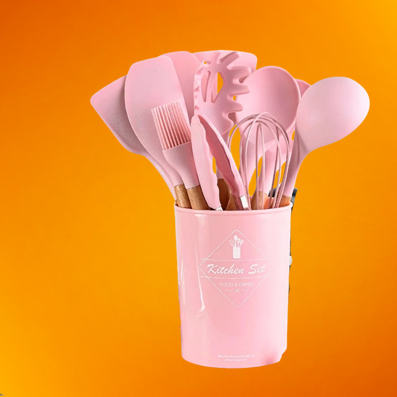 Jogo de Cozinha Kit C/12 Peças de Silicone, Utensílios e Copo Suporte para Cozinha Cabo de Madeira