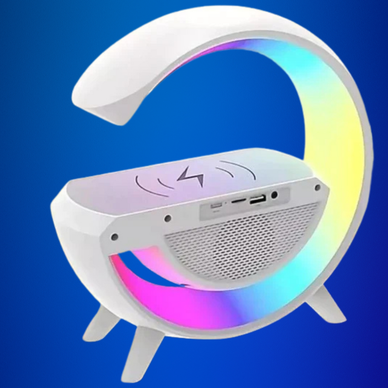 Luminária G RGB Colorida com Relógio Caixa de Som Bluetooth e Carregamento por Indução LCS Eletrônicos