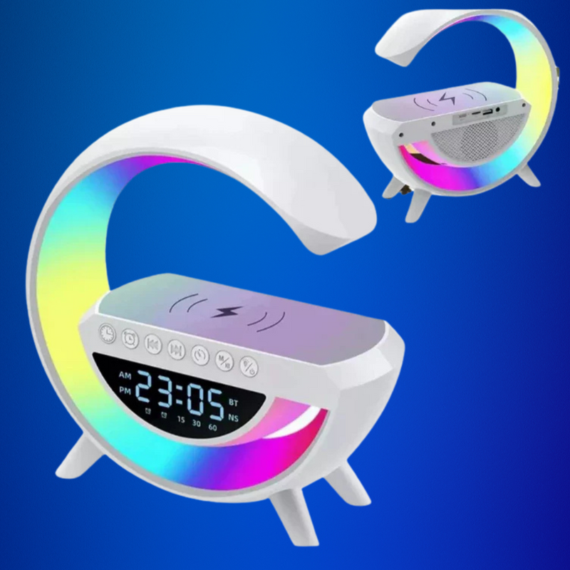 Luminária G RGB Colorida com Relógio Caixa de Som Bluetooth e Carregamento por Indução LCS Eletrônicos