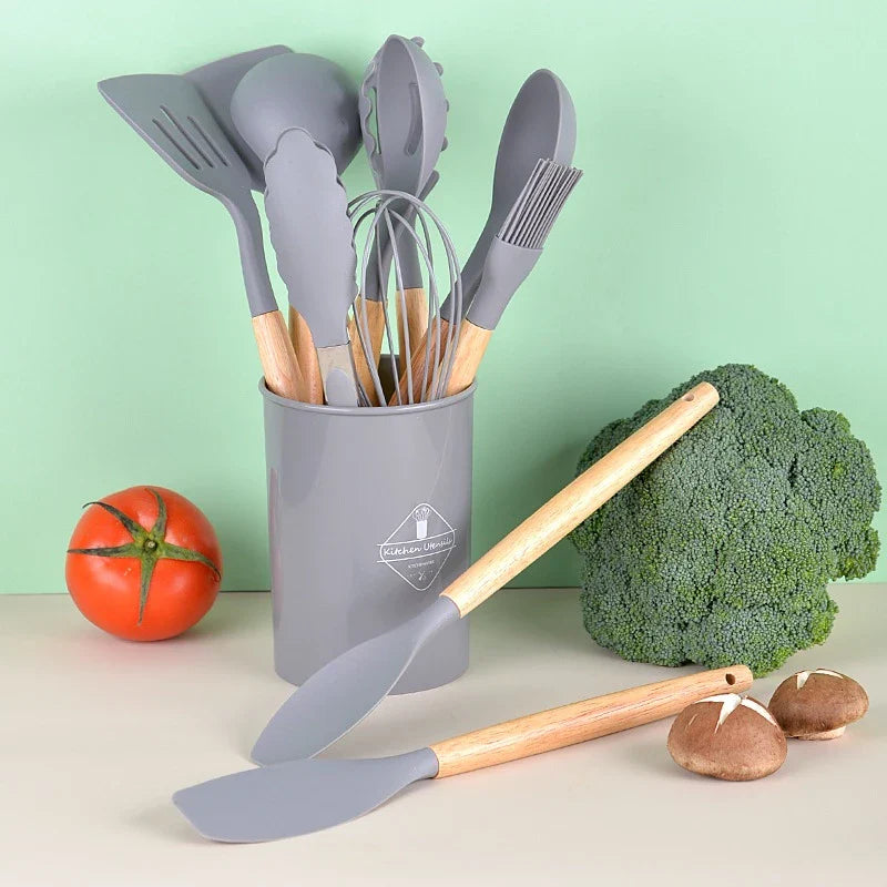 Jogo de Cozinha Kit C/12 Peças de Silicone, Utensílios e Copo Suporte para Cozinha Cabo de Madeira