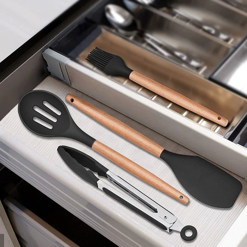 Jogo de Cozinha Kit C/12 Peças de Silicone, Utensílios e Copo Suporte para Cozinha Cabo de Madeira