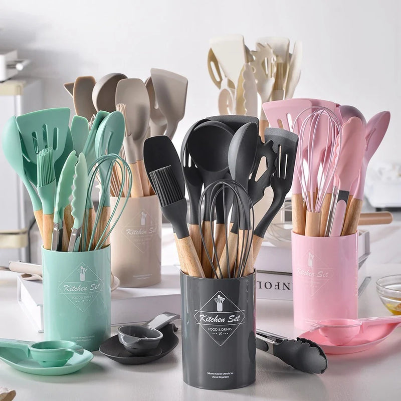 Jogo de Cozinha Kit C/12 Peças de Silicone, Utensílios e Copo Suporte para Cozinha Cabo de Madeira