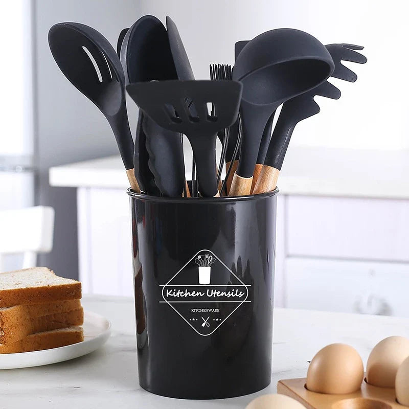 Jogo de Cozinha Kit C/12 Peças de Silicone, Utensílios e Copo Suporte para Cozinha Cabo de Madeira