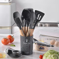 Jogo de Cozinha Kit C/12 Peças de Silicone, Utensílios e Copo Suporte para Cozinha Cabo de Madeira