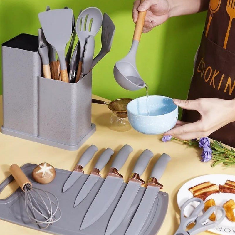 Kit Completo Jogo de Cozinha Luxo 19 Peças Com Tábua em Silicone Espátula Faca Tesoura Utensílios