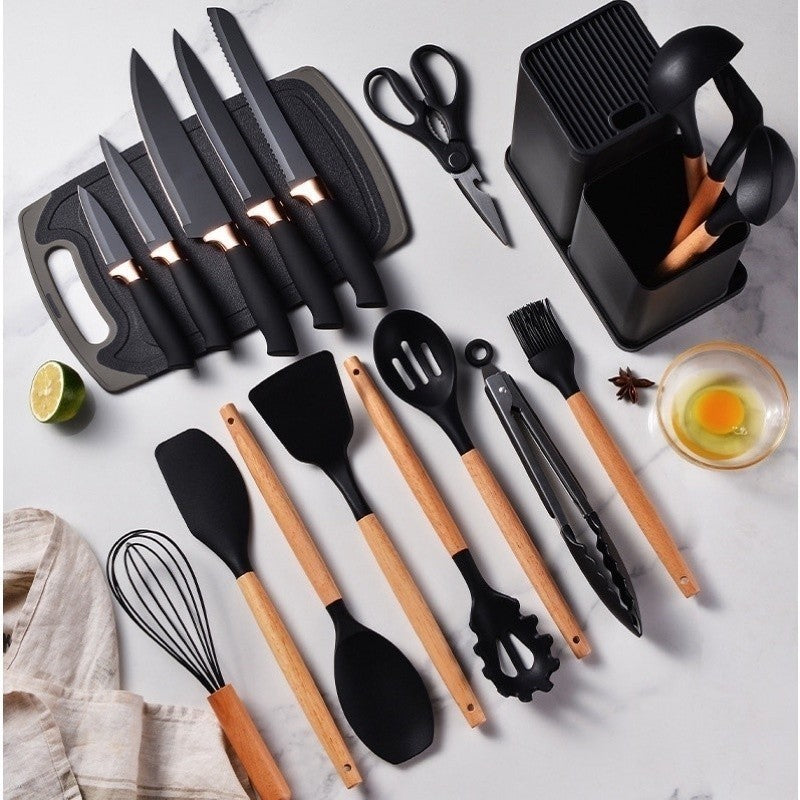 Kit Completo Jogo de Cozinha Luxo 19 Peças Com Tábua em Silicone Espátula Faca Tesoura Utensílios