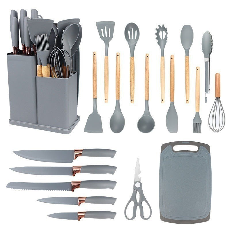 Kit Completo Jogo de Cozinha Luxo 19 Peças Com Tábua em Silicone Espátula Faca Tesoura Utensílios